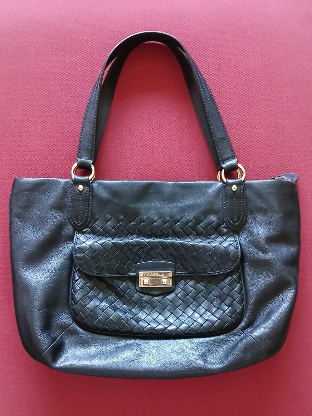 Cole Haan Black Woven-Front Satchel with Gold Hardware